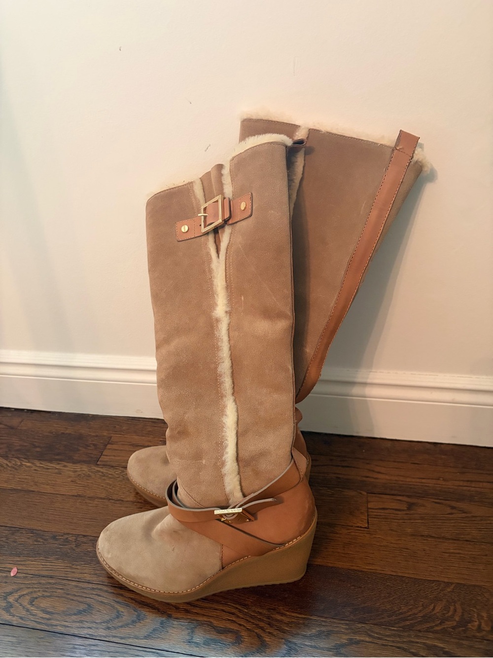 Tory Burch Tan Suede Wedge Boots with Buckle - Picture 2 of 4